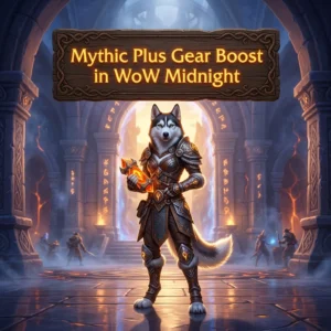 Promotional image for Mythic Plus Gear Boost in WoW Midnight, a service focused on obtaining gear through Mythic Plus content.