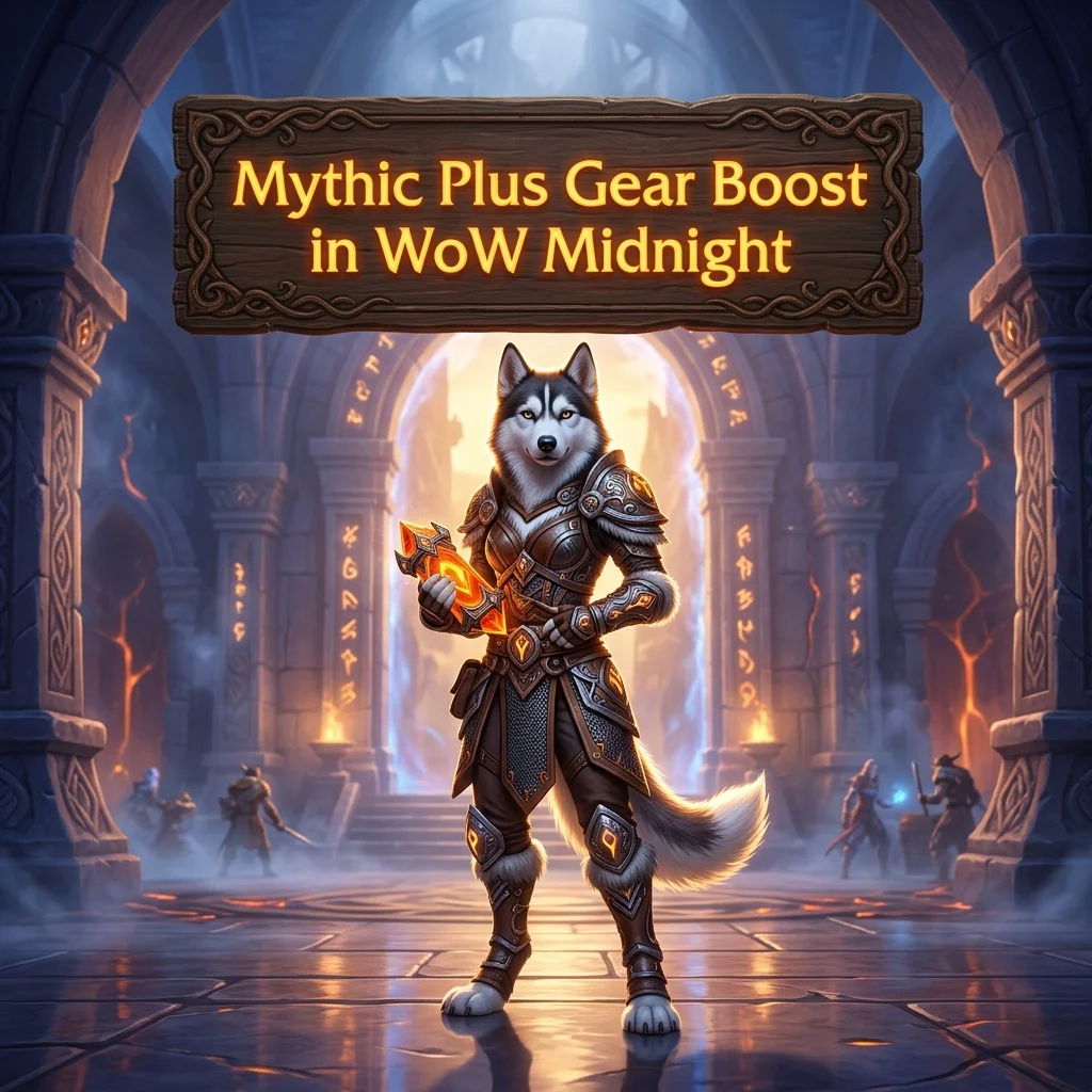 Promotional image for Mythic Plus Gear Boost in WoW Midnight, a service focused on obtaining gear through Mythic Plus content.