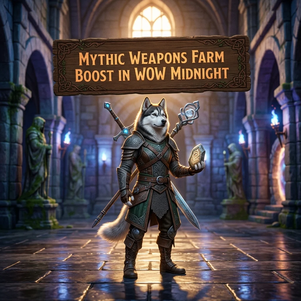 Promotional image for the Mythic Weapons Farm Boost service in WoW Midnight