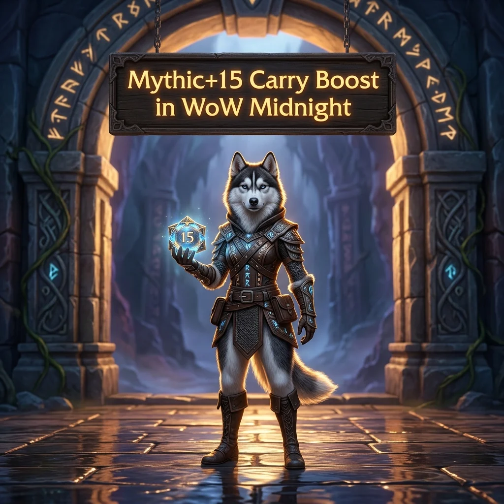 Promotional image for the Mythic+15 Carry Boost in WoW Midnight service