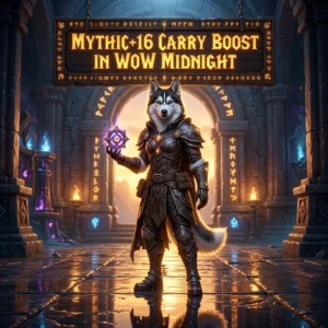 Promotional image for the Mythic+16 Carry Boost service in WoW Midnight