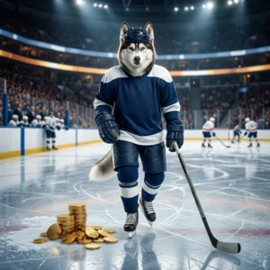 NHL HUT காயின்ஸ் பூஸ்ட் தயாரிப்பைக் குறிக்கும், ஹாக்கி விளையாட்டு சூழலை மையமாகக் கொண்ட விளக்கப்படம்.