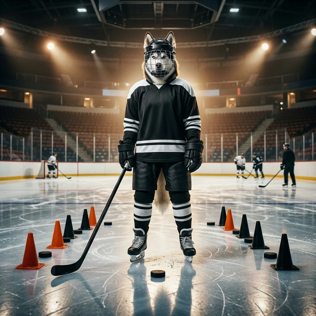 Myndskreyting fyrir NHL-uppörvunarþjónustu sem tengist leikjaframförum og árangri, án læsilegs texta eða sýnilegra vörumerkja.