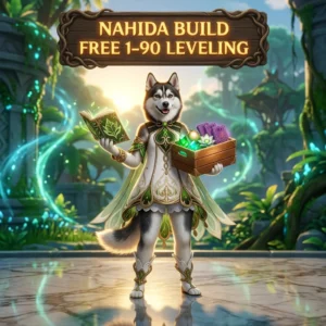 Promotional image for the Nahida Build Free 1–90 Leveling Boost in Genshin Impact service.