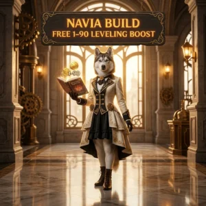 Promotional image for the Navia Build Free 1–90 Leveling Boost service in Genshin Impact.