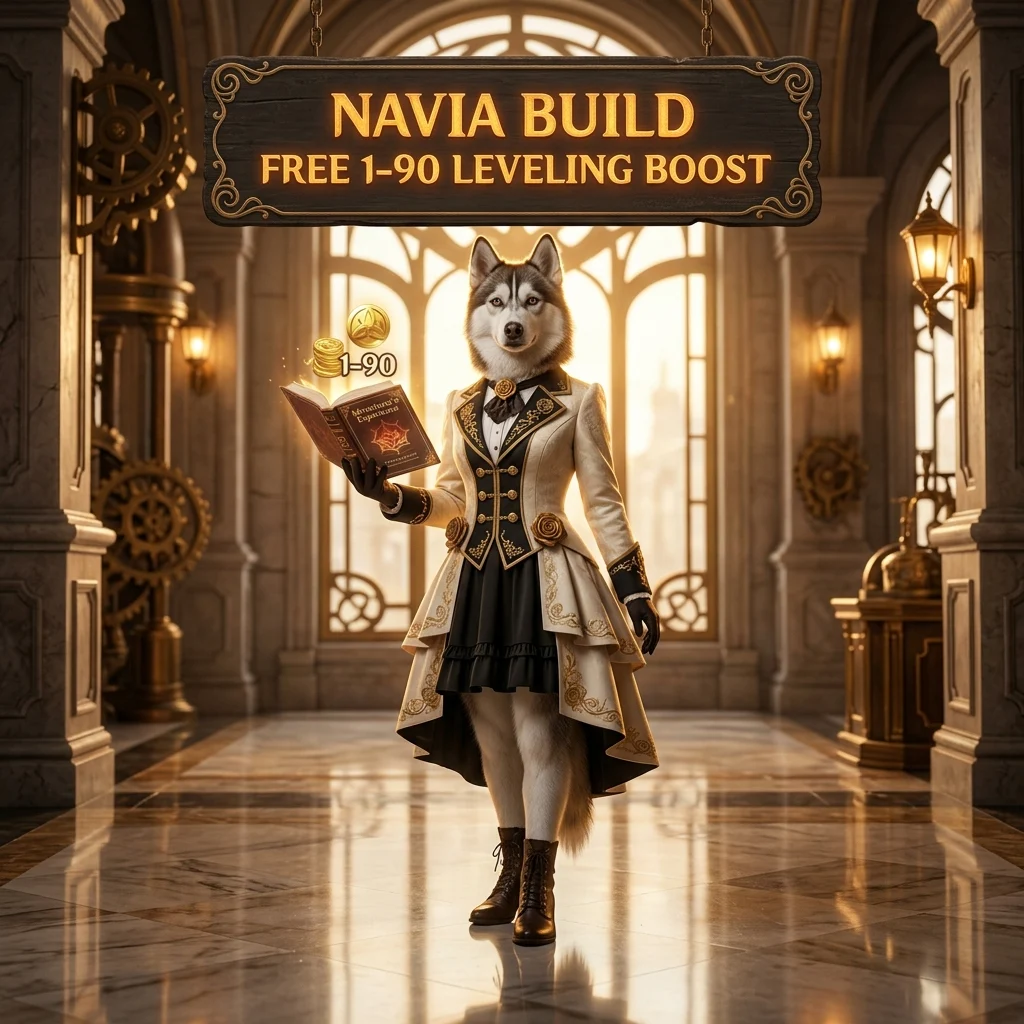 Promotional image for the Navia Build Free 1–90 Leveling Boost service in Genshin Impact.