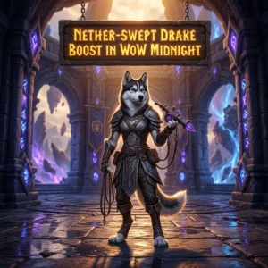 Promotional image for the Nether-Swept Drake Boost service in WoW Midnight.