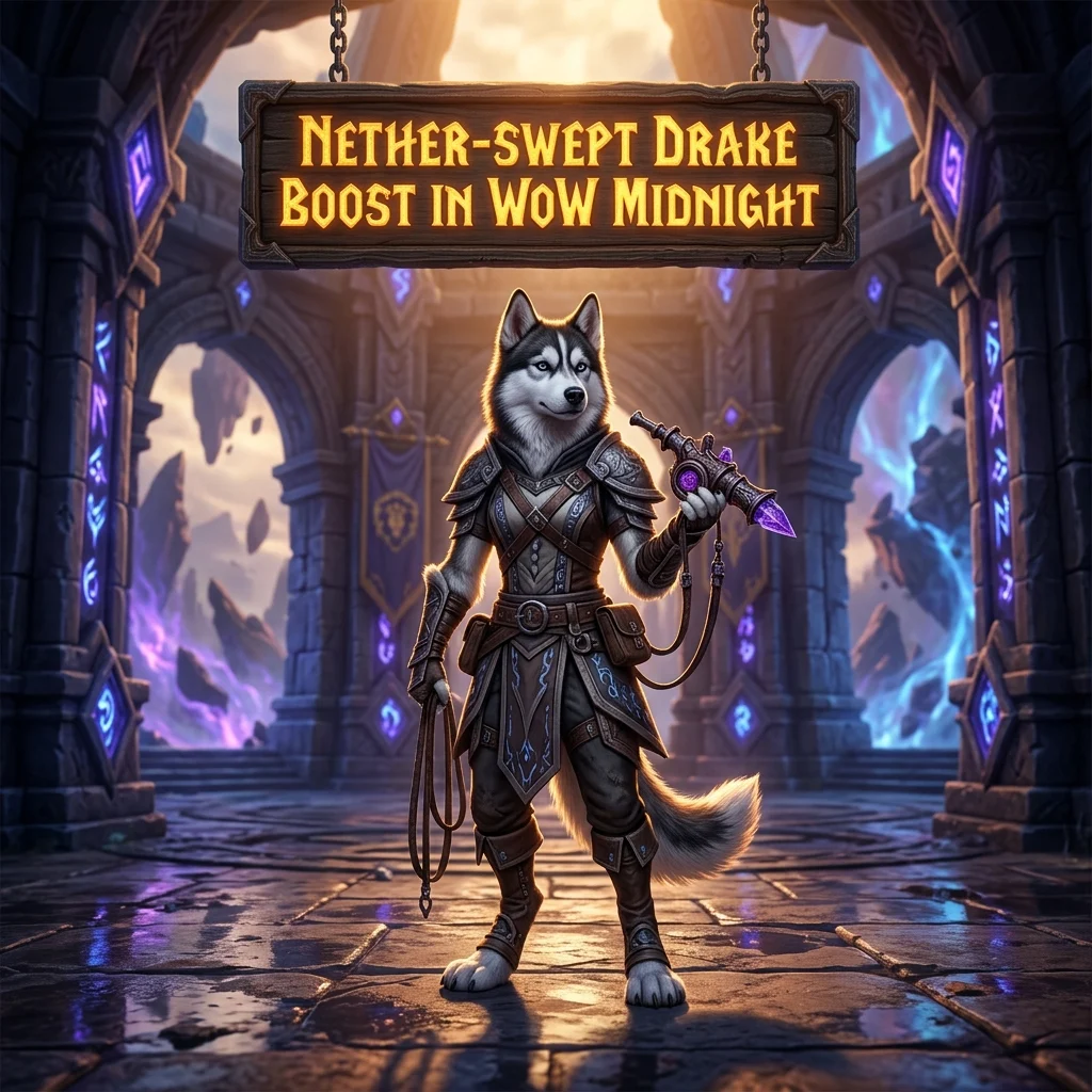 Promotional image for the Nether-Swept Drake Boost service in WoW Midnight.