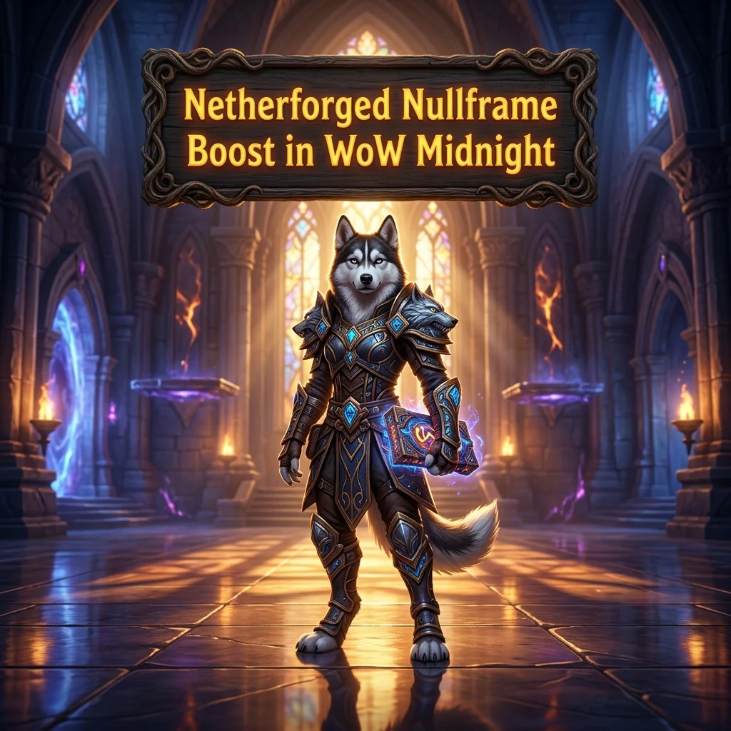 Promotional image for the Netherforged Nullframe Boost service in World of Warcraft: Midnight.