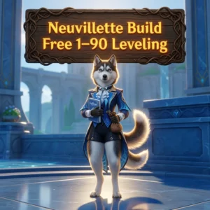 Promotional image for the Neuvillette Build Free 1–90 Leveling Boost service in Genshin Impact