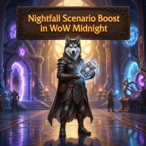 Promotional image for the Nightfall Scenario Boost service in World of Warcraft: Midnight.
