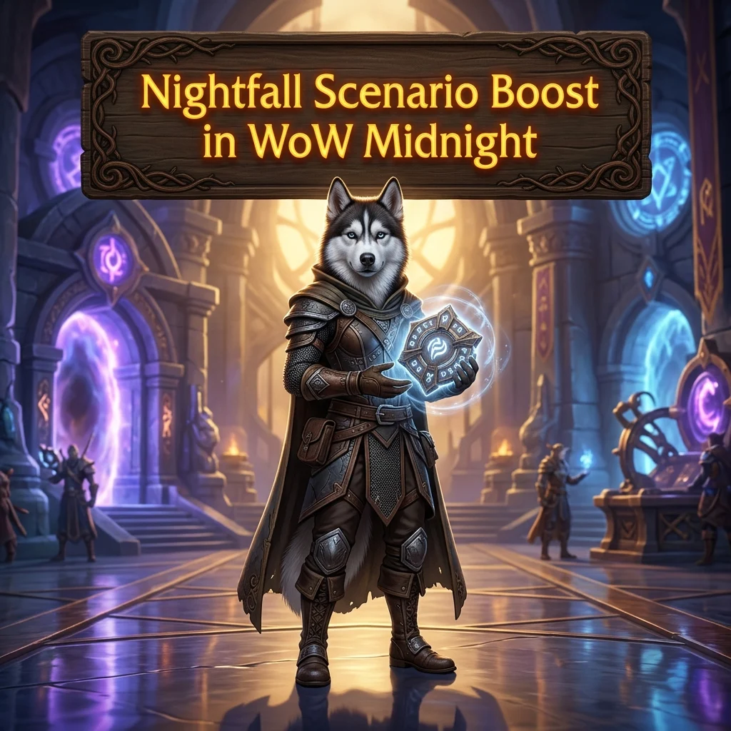 Promotional image for the Nightfall Scenario Boost service in World of Warcraft: Midnight.