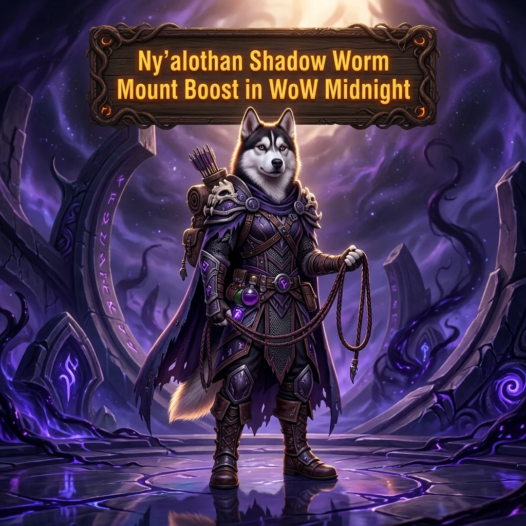 Promotional image for the Ny’alothan Shadow Worm Mount Boost service in WoW Midnight.