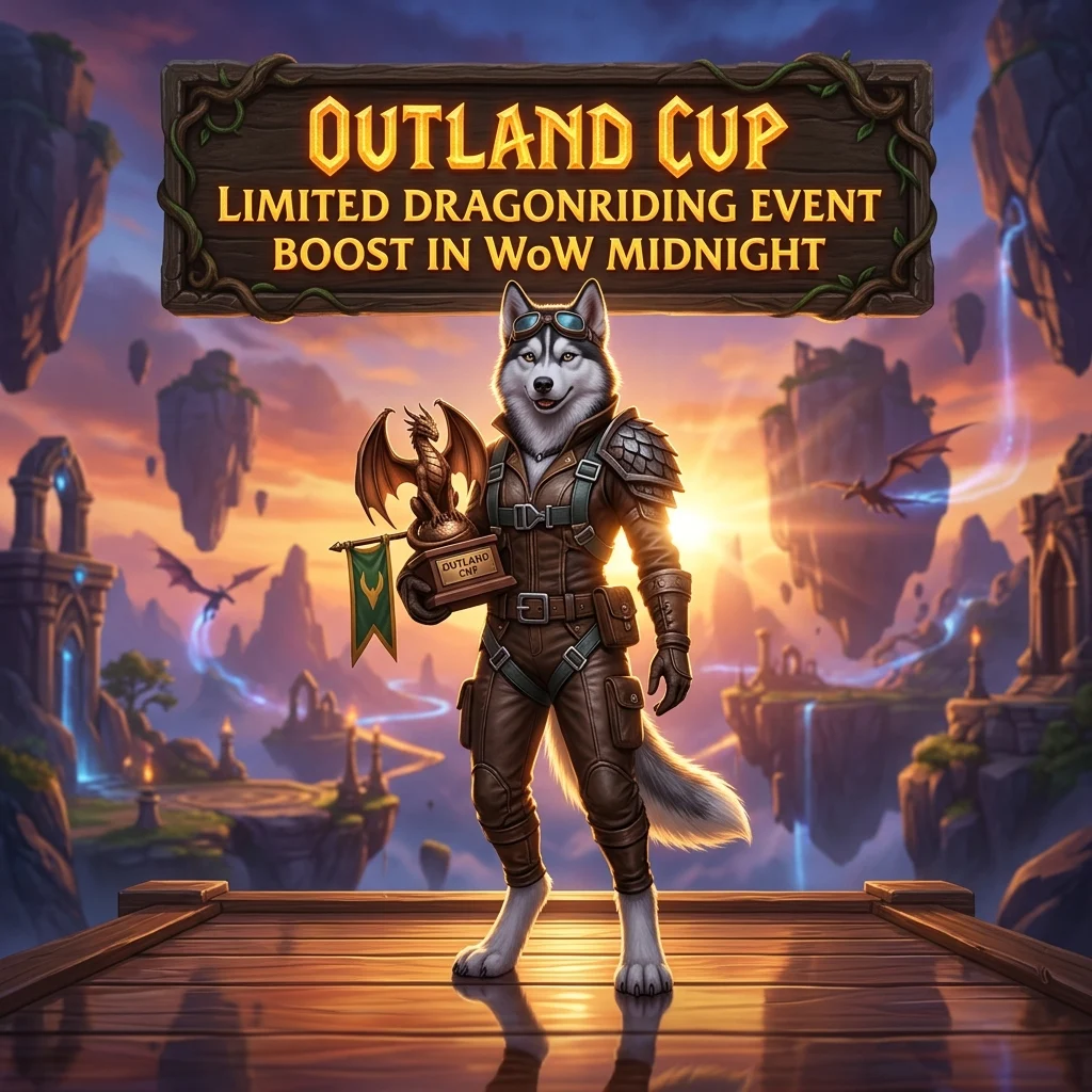 Promotional image for the Outland Cup Limited Dragonriding Event Boost service in WoW Midnight.