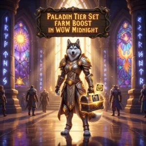 Promotional image for Paladin Tier Set Farm Boost in WoW Midnight, a service focused on farming the Paladin tier set