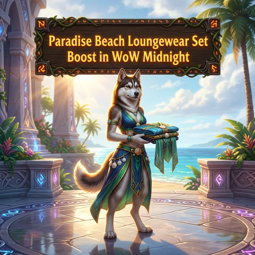 Promotional image for the Paradise Beach Loungewear Set Boost in WoW Midnight service