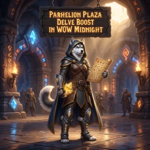 Promotional image for the Parhelion Plaza Delve Boost service in WoW Midnight