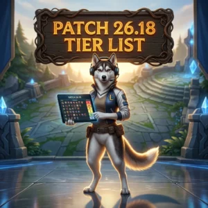 Promotional image for the Patch 26.18 Tier List in League of Legends, presented in a square format.