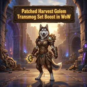 Promotional image for the Patched Harvest Golem Transmog Set Boost service in World of Warcraft
