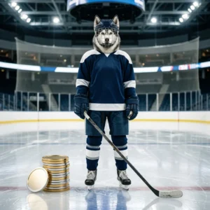 Ilustrasi promosi peningkatan syiling NHL dengan elemen grafik bertema permainan hoki secara umum