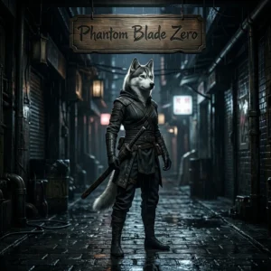Square promotional artwork for Phantom Blade Zero boosting services featuring a Husky character in game-inspired styling