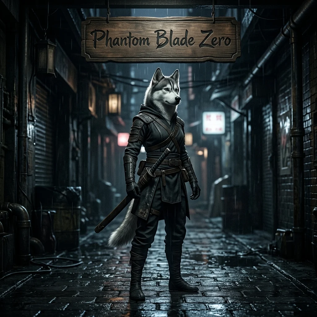 Square promotional artwork for Phantom Blade Zero boosting services featuring a Husky character in game-inspired styling