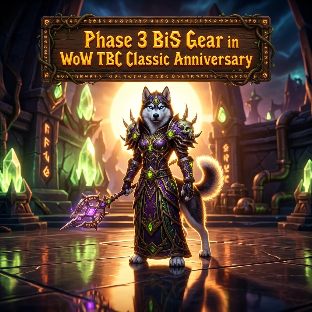 Promotional image for Phase 3 BiS Gear Boost in WoW TBC Classic Anniversary, showing the service name and product focus.