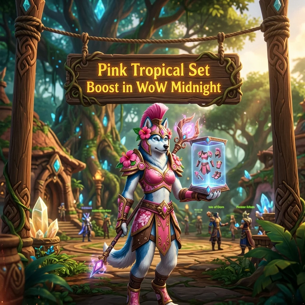 Promotional image for the Pink Tropical Set Boost service in World of Warcraft: Midnight.