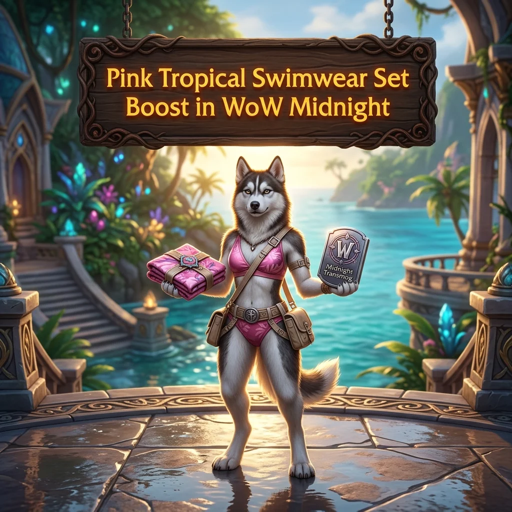 Promotional image for the Pink Tropical Swimwear Set Boost in WoW Midnight product.