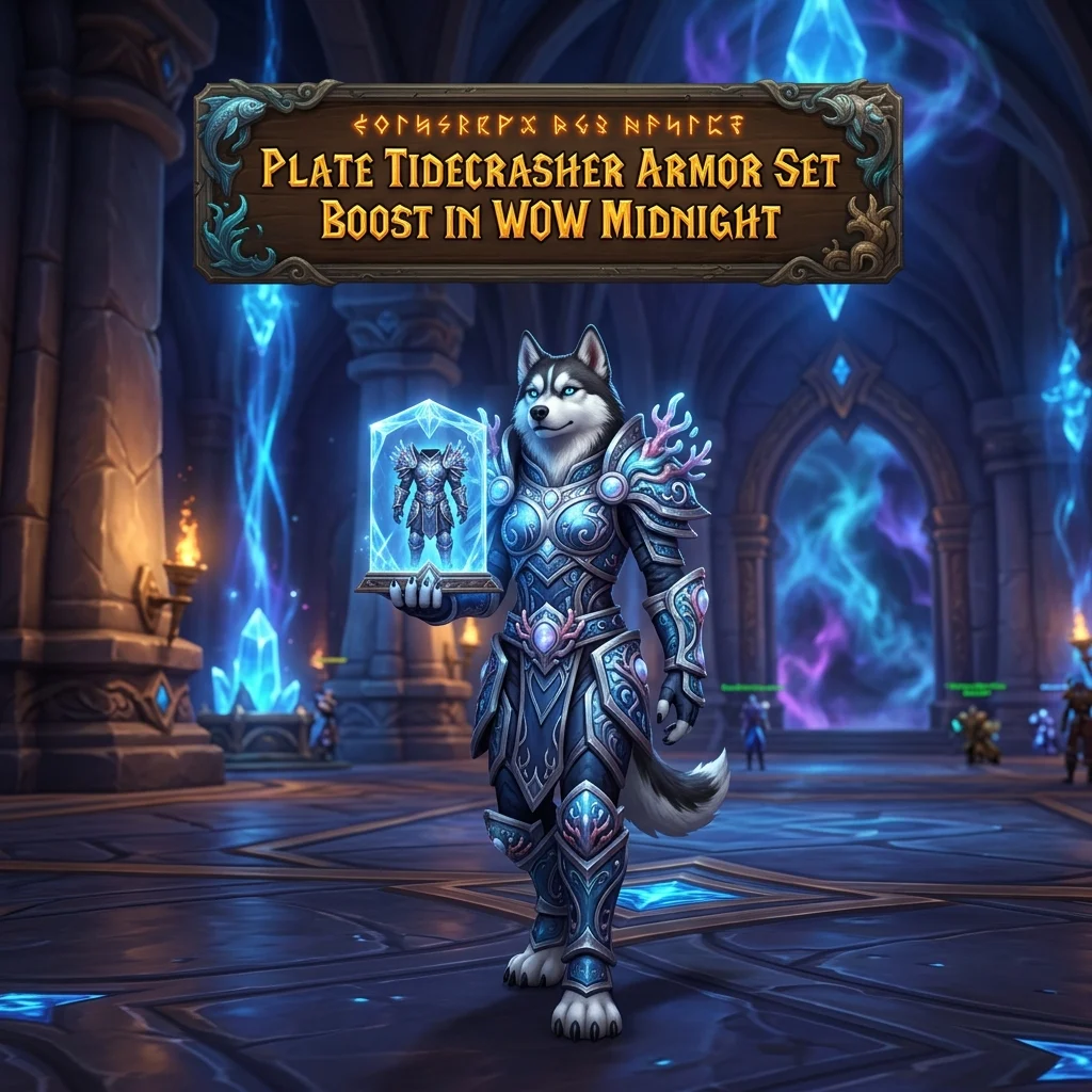 Promotional image representing the Plate Tidecrasher Armor Set Boost service in WoW Midnight.