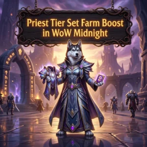 Promotional image for the Priest Tier Set Farm Boost service in WoW Midnight