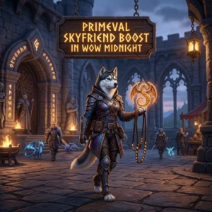 Promotional image representing the Primeval Skyfriend Boost service in WoW Midnight.