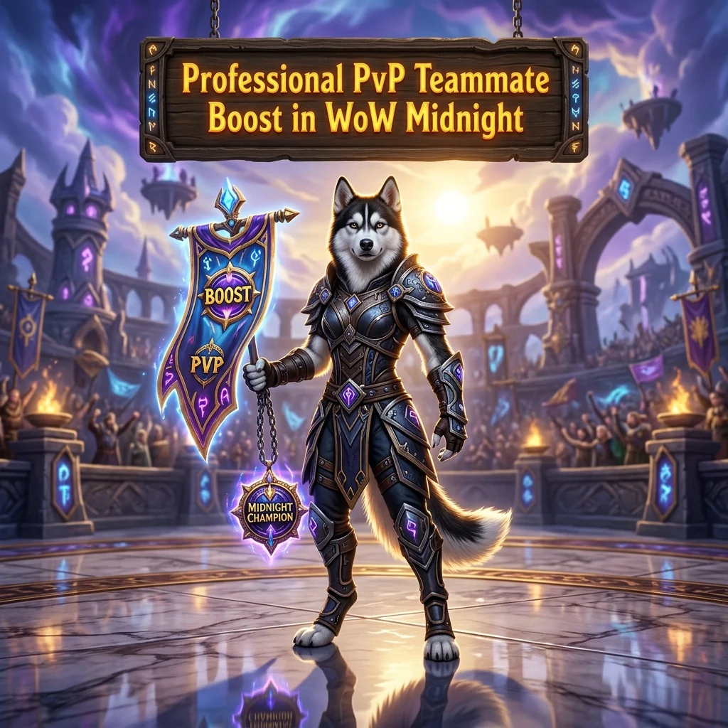 Promotional image for Professional PvP Teammate Boost in WoW Midnight, a service focused on PvP with a professional teammate.