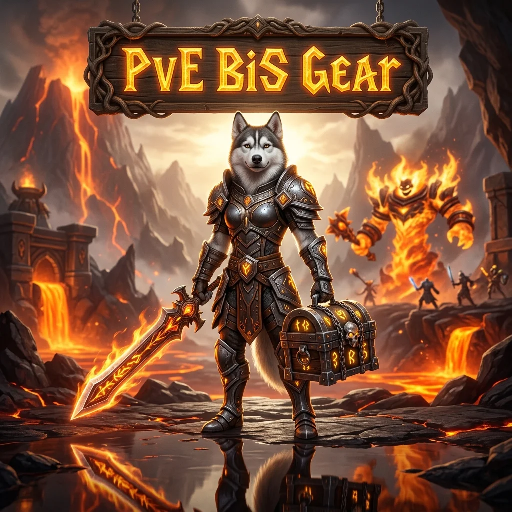 Promotional image for PvE BiS Gear Boost in WoW Forever, focused on best-in-slot gear for player versus environment content