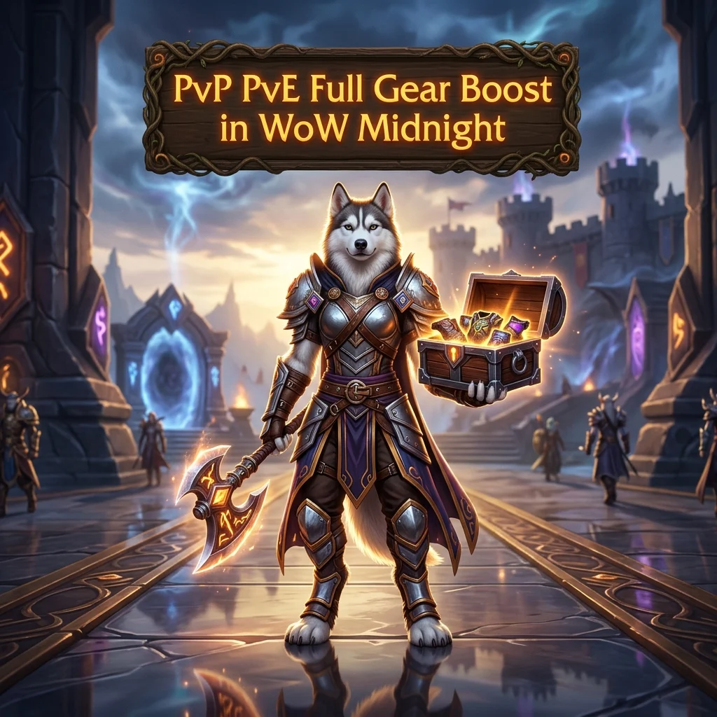 Promotional image for PvP PvE Full Gear Boost in WoW Midnight, covering both PvP and PvE gear progression services