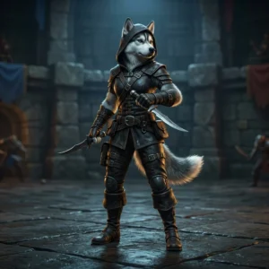 Ilustrace fantasy postavy představující Rogue jako průvodce pro PvP hraní v online hře.