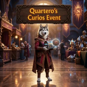 Promotional image for Quartero’s Curios Event Boost service in Dota 2.