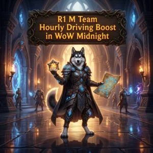 Promotional image for the R1 M Team Hourly Driving Boost service in WoW Midnight.