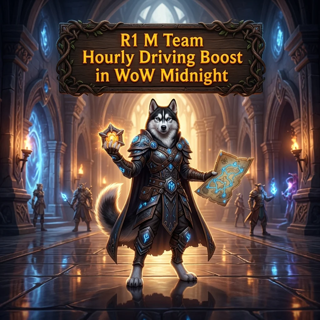 Promotional image for the R1 M Team Hourly Driving Boost service in WoW Midnight.