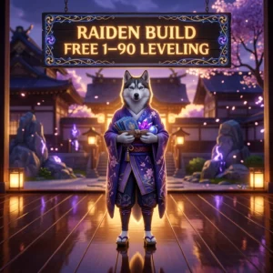 Promotional image for the Raiden Build Free 1–90 Leveling Boost service in Genshin Impact