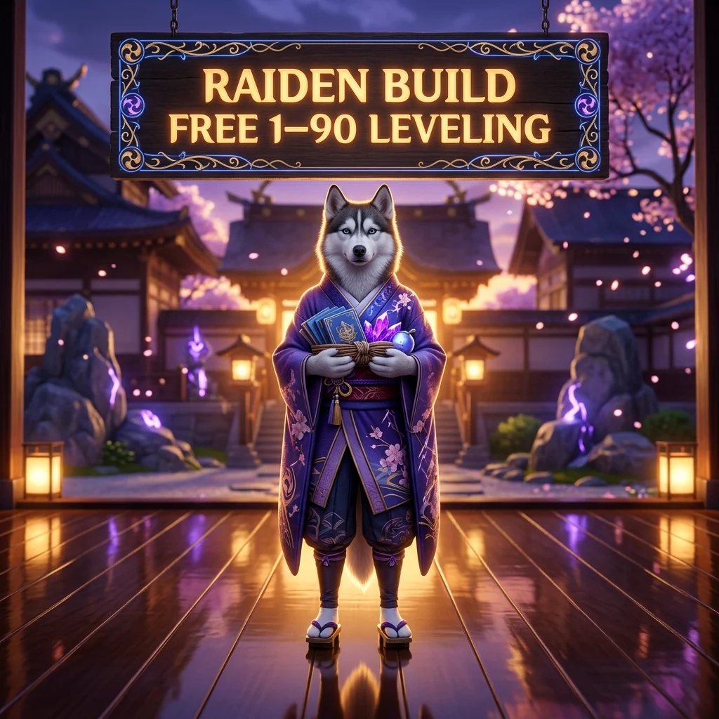Promotional image for the Raiden Build Free 1–90 Leveling Boost service in Genshin Impact
