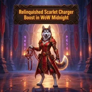 Promotional image for the Relinquished Scarlet Charger Boost service in WoW Midnight.