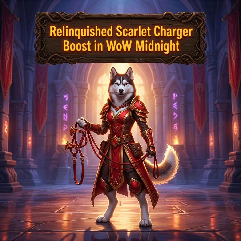 Promotional image for the Relinquished Scarlet Charger Boost service in WoW Midnight.