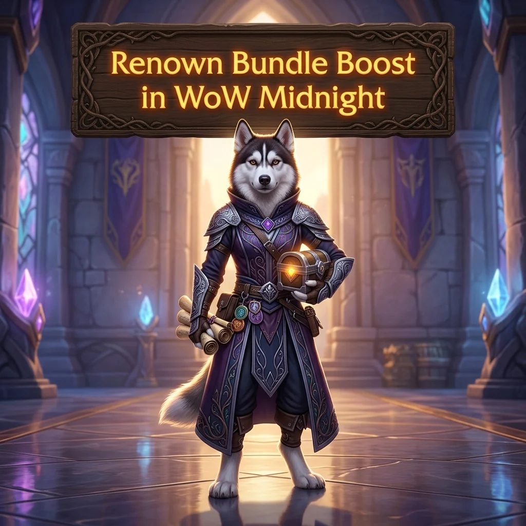 Promotional image representing the Renown Bundle Boost service for WoW Midnight.