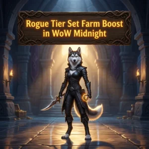 Promotional image for the Rogue Tier Set Farm Boost service in WoW Midnight.