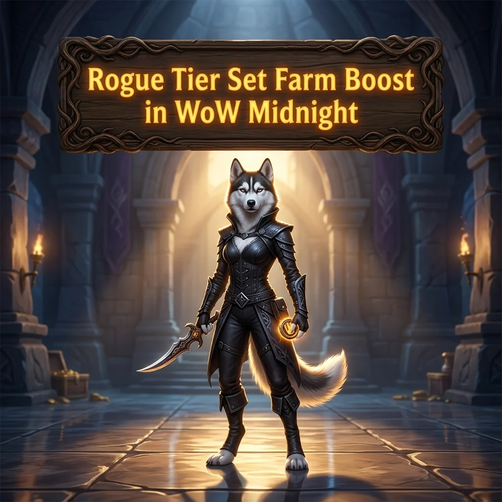 Promotional image for the Rogue Tier Set Farm Boost service in WoW Midnight.