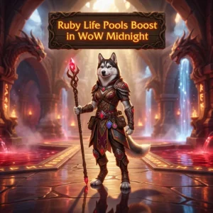 Promotional image for the Ruby Life Pools Boost service in World of Warcraft: Midnight.