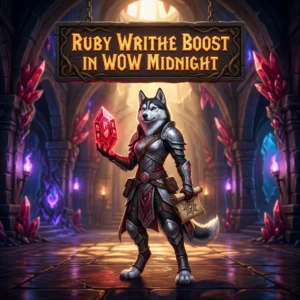Promotional image representing the Ruby Writhe Boost service in WoW Midnight as a specific product offering.