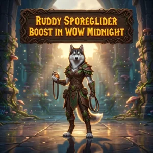 Promotional image for the Ruddy Sporeglider Boost service in World of Warcraft: Midnight