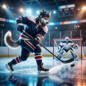 Illustration av ishockey i NHL 26 med spelare i en offensiv matchsituation på isen.